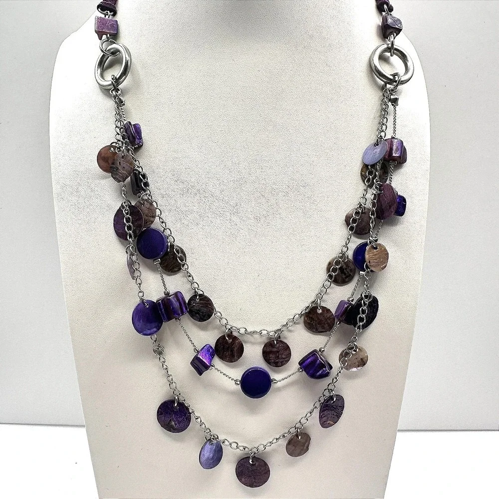 VTG Silver Tone Purple Multi Layer Layered Necklace Shell Stone Look Cluster Y2K